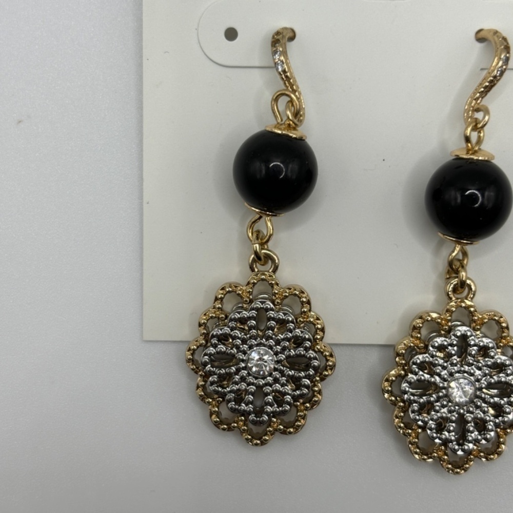 Charter Club Women's Gold Black Beaded Flower Earrings - Picture 2 of 4